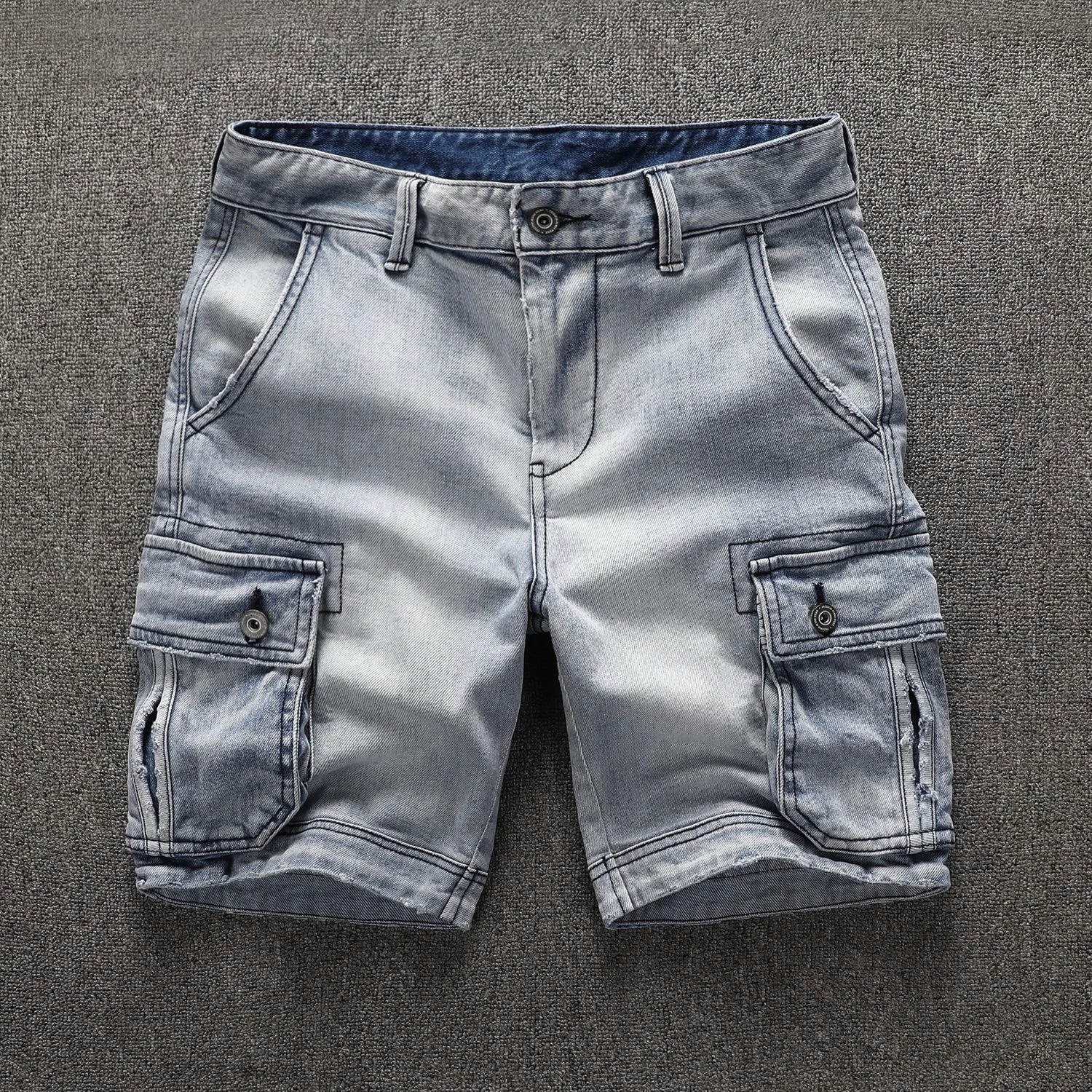 

Summer Men's Cargo Denim Shorts Multiple Pockets Washed Mid-Waist Straight Street Jeans