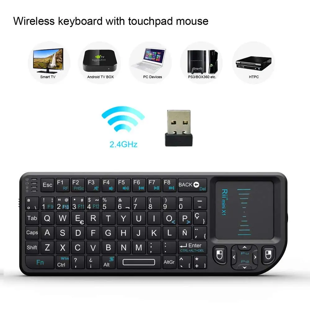 Rii X1 Mini Teclado inalámbrico 2.4GHz con ratón táctil, Control Remoto.Mini Wireless Keyboard - Compatible con Smart TV, Mini PC Android, Playstation, Xbox, HTPC, PC, Raspberry Pi
