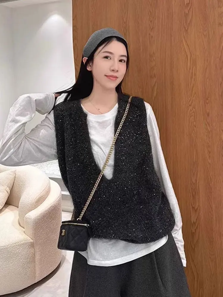 Winter Svel Knitted Vest V-Ne Casual Women's Faionable Commute Top Regular Length Pure Color Versatile Leisurewear