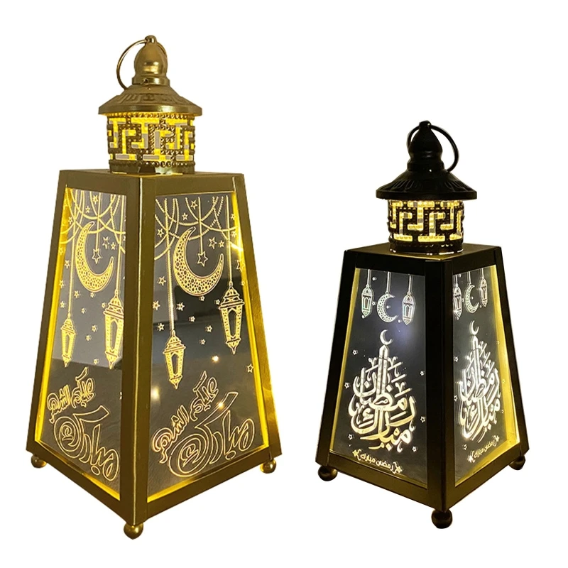 Retro Eid Mubarak Arab Lantern Party LED Lamp Mubarak Ramadan Decoration Muslim Event Party Ironwork Wind Lamp Crafts