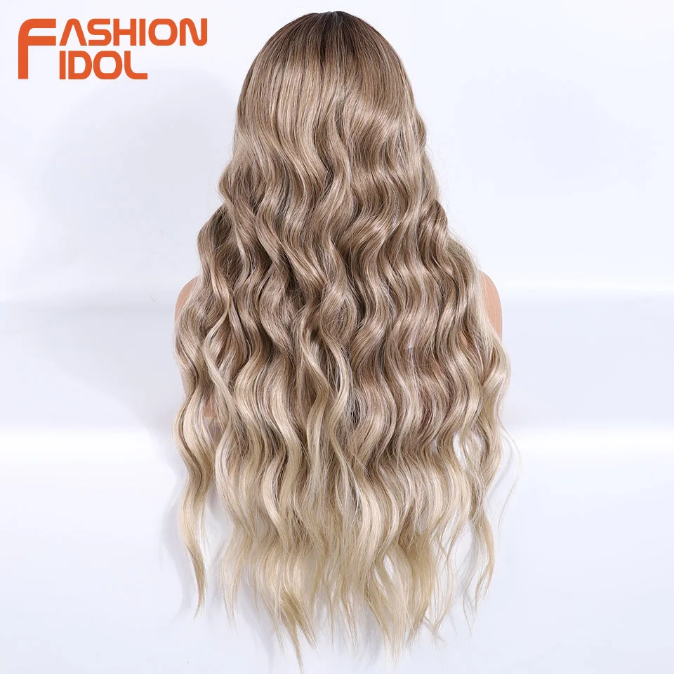FASHION IDOL 28 inch Synthetic Lace Front Wigs for Women Body Wave Ombre Brown Blonde Wavy Lace Wigs Cosplay Natural Hairline