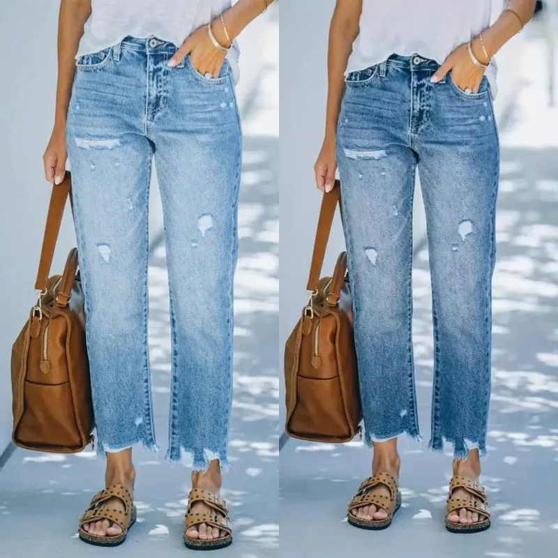 Celana Jeans Kasual Wanita Model Sobek Distressed 2025, Celana Panjang Straight Leg dengan Ujung Raw Edge dan Frayed Hem yang Modis