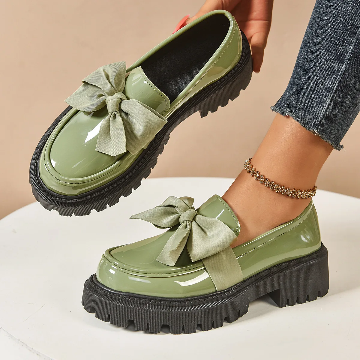 Lefu Shoes for Women 2025  Trade Korean Edition Thick Bottom Middle Heel Lazy British Style Retro Leather Shoes for Women