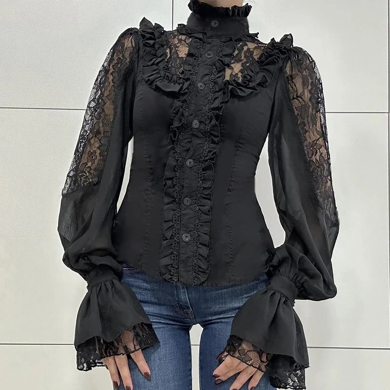 

Japanese Lolita Women Shirt Lace Hollow Out Ruffle Lantern Long Sleeve Blouse Retro Dark Academic Hotsweet Palace Style Tops