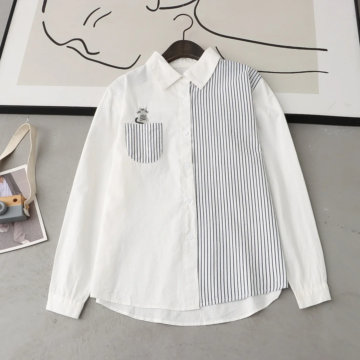 New Autumn Cotton Embroidery Shirts Women Lapel Collar Striped Tops Girl Long Sleeve Loose Basic Blouses 2024 Spring  T41331QC