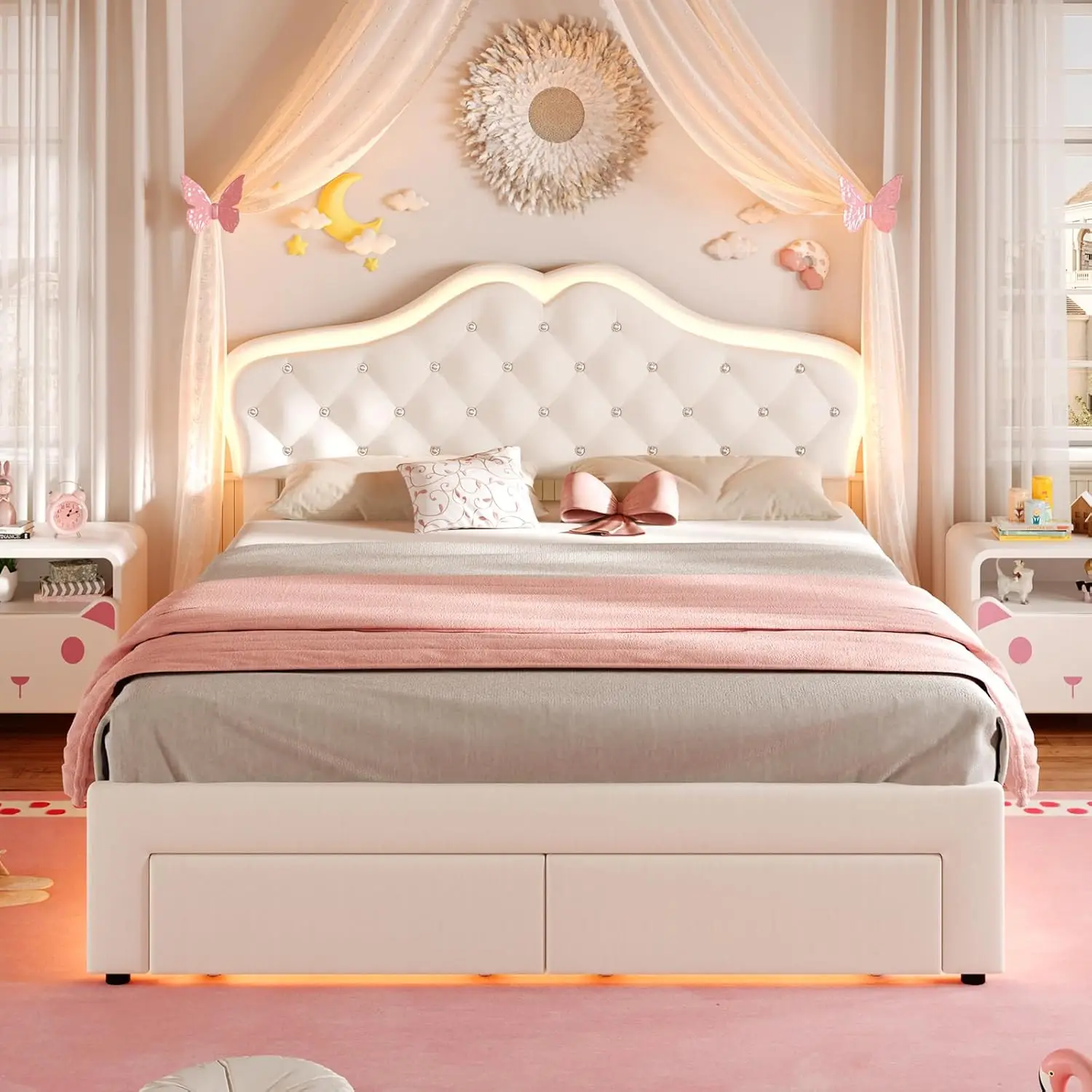 LED 조명이 있는 풀 사이즈 벨벳 침대, 서랍 2개, 조절 가능한 헤드보드, 목재 칸막이, 베이지