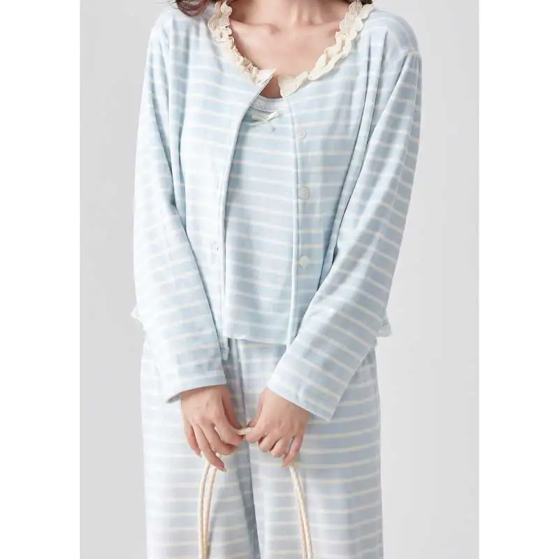 

Pajama For Woman Cotton Sets Velvet Homewear Women With European Design Chilly Evenings Collared Long Sleeve Ankle Length Warmth