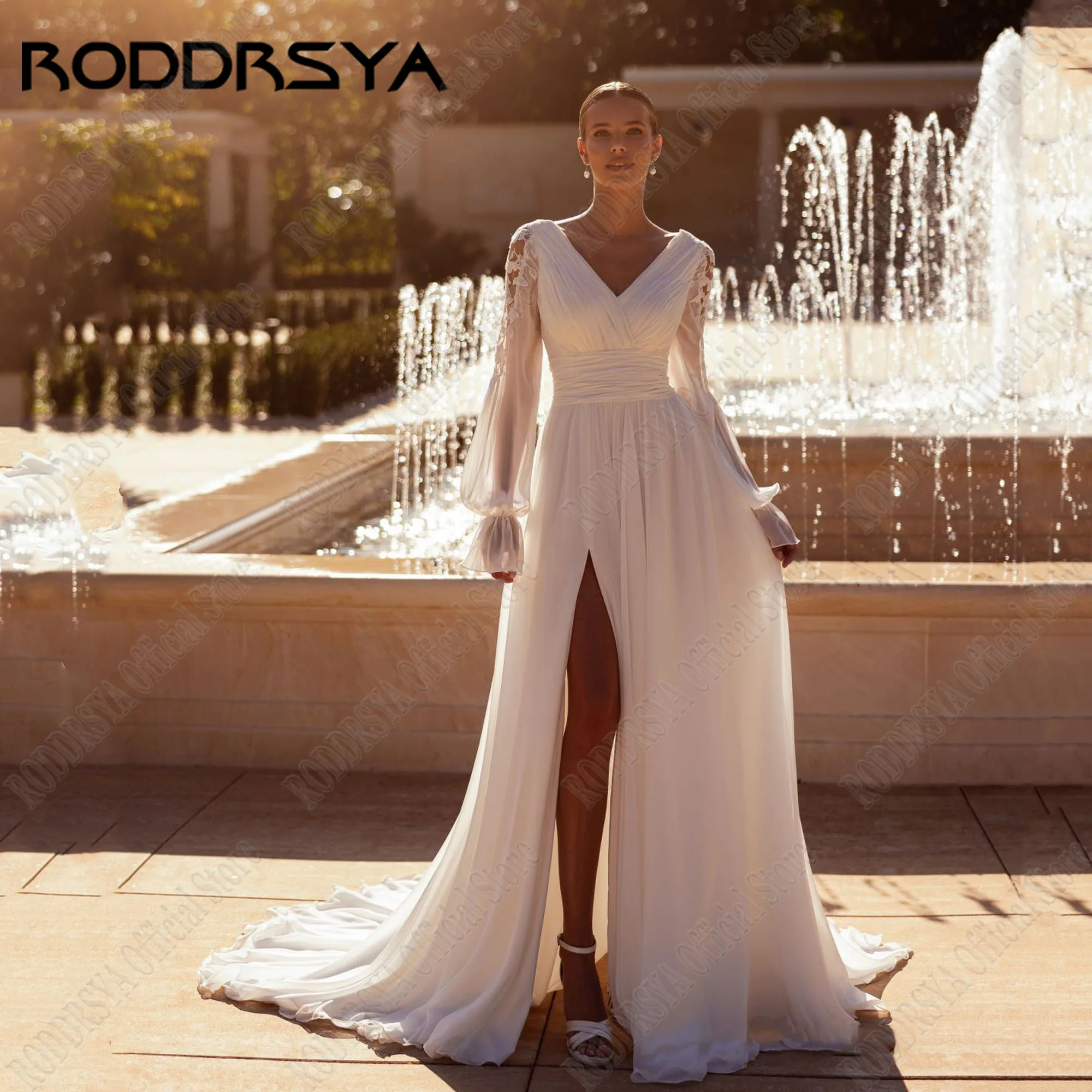 

RODDRSYA Customized Chiffon Backless Lace Bride Gowns Puff Sleeves Side Split Applique Wedding Dress Classic Robe De Mariée