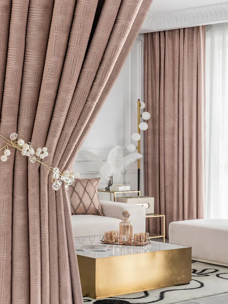 

Fashion Jacquard Pink Velvet Curtains for Living Room Bedroom Dining Luxury Blackout White Tulle Thicken Window Custom Size