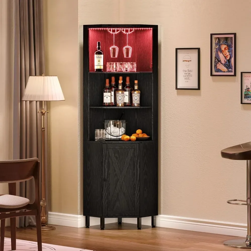 Armoire de bar d'angle avec lumières LED et porte-verre, étagère d'angle à 5 niveaux avec rangement, étagères d'exposition pour armoire à vin T1