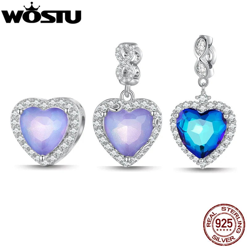 WOSTU 925 Sterling Silver Rainbow Crystal Heart Charms Purple Pendant Fit Original Bracelet DIY Necklace Women Valentine Jewelry