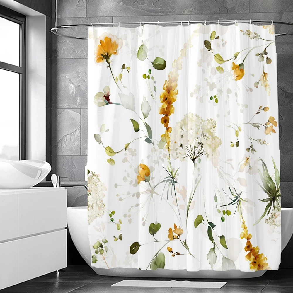 Green Plant Leaves Print Shower Curtains Watercolor Boho Floral Waterproof Morden Bathroom Bathtub Curtain Room Decor With Hooks