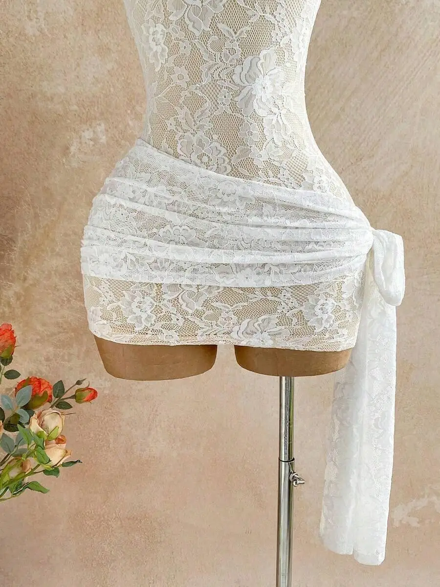 

White Lace Asymmetrical Knot Bodycon Mini Dress For Evening Nightclub