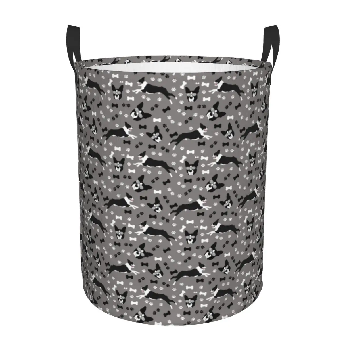 Boston Terrier Neutral Gray Pattern Laundry Hamper Large Storage Basket Dog Pattern Puppy Girls Boys Toy Organizer