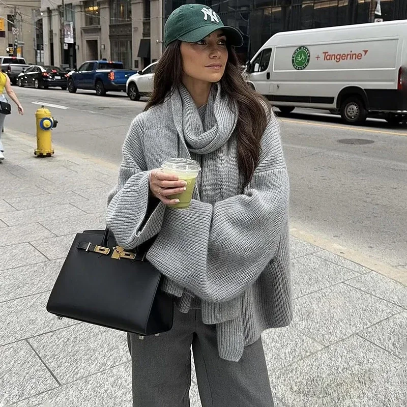 

Fmxires Fashion Knitted Cardigan With Scarf Women's Loose Long Sleeve Sweater Coat 2025 New Autumn Warm Solid Female Knit Top