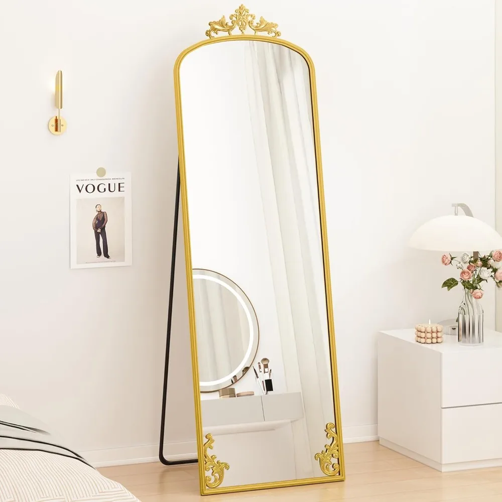 

Arched Full Length Mirror with Carved Metal Frame, 65" x 21" Gold Floor Length with Stand, Full Body Mirror for Home Decor Weddi