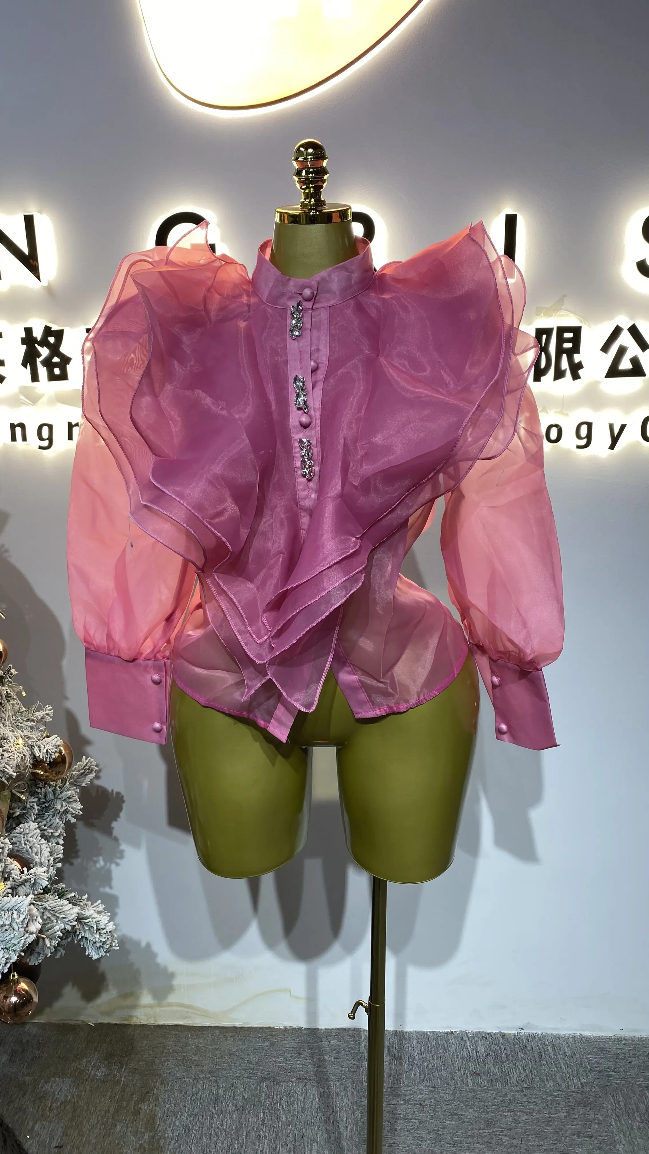 2025 가을 신상 패션 스탠드 칼라 레이어드 러플 싱글 브레스티드 여성 셔츠-GZXX443