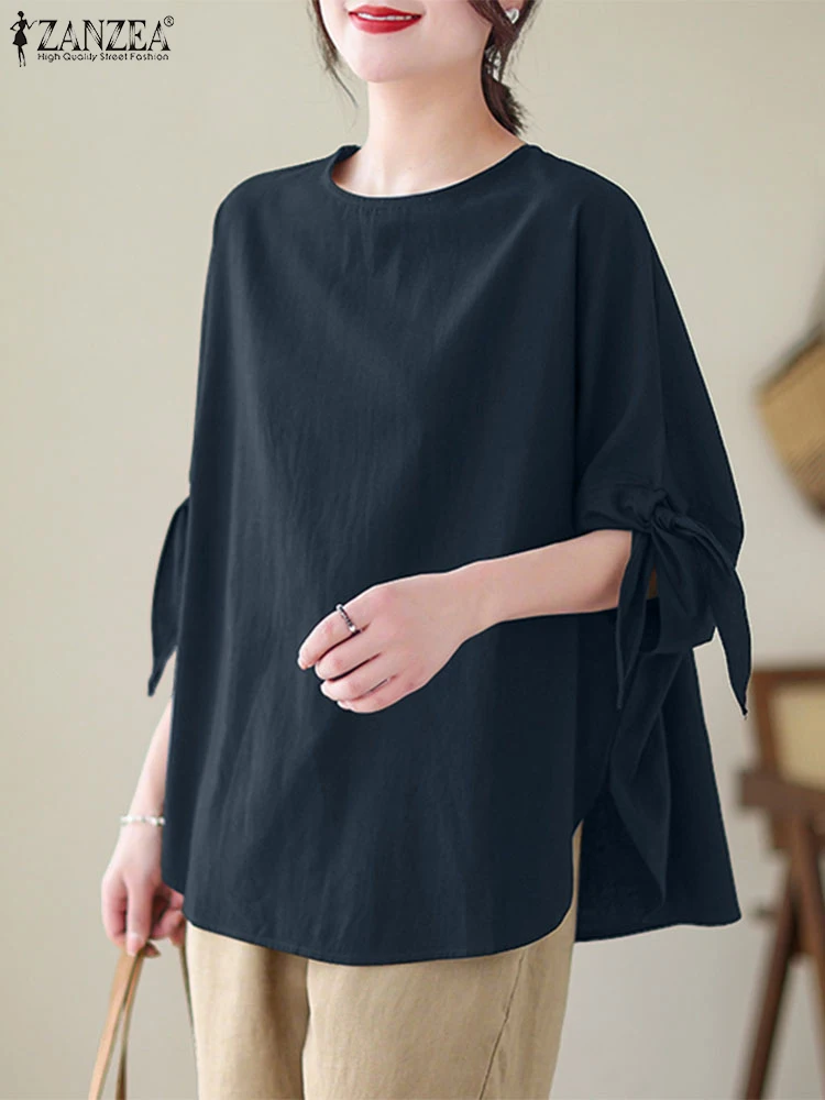 

2025 ZANZEA Women Autumn Blouses Fashion Solid Loose Shirts O Neck 3/4 Sleeve Irregular Hem Blusas Casual Baggy Work Tops Femme