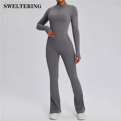 Women's 2pcs Yoga Suit Tight Fitting Sports Set Workout Breathable Fitness Bra Gym Long Sleeve Crop Top Bell-bottoms Leggings