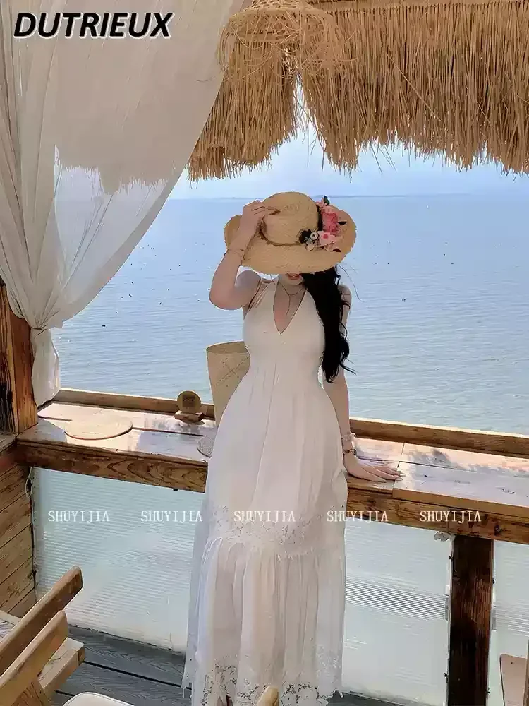 Novedad de verano, vestidos largos sin mangas de cintura alta para vacaciones en la playa para mujer, vestido Maix con cuello en V y encaje de viento puro deseo