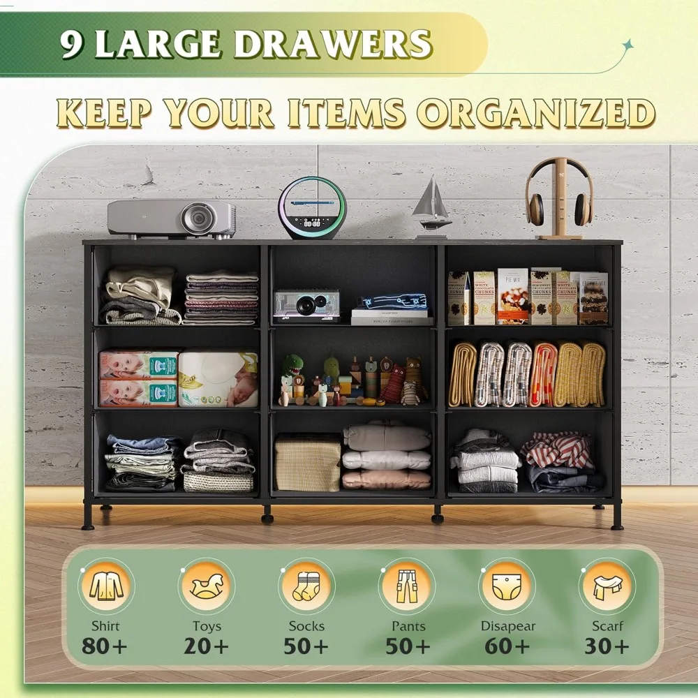 خزانة غرفة نوم سوداء بعرض 47 بوصة مع حامل تلفزيون لأجهزة التلفاز مقاس 45-55 بوصة، تتميز بـ 9 أدراج للتخزين الكافي