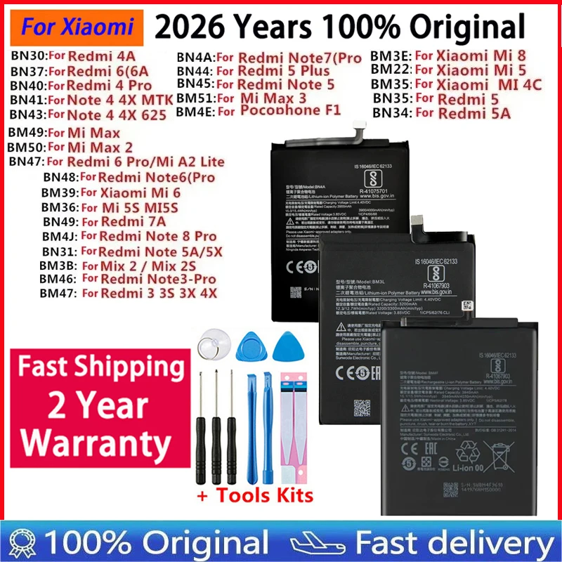 Original Battery For Xiaomi Mi Redmi Note Mix Max 2 3 A3 3S 3X 4 4X 4A 5 5A 5S 5X M5 6 6A 7 7A 8 8T 9 SE Pro Plus Lite batteries