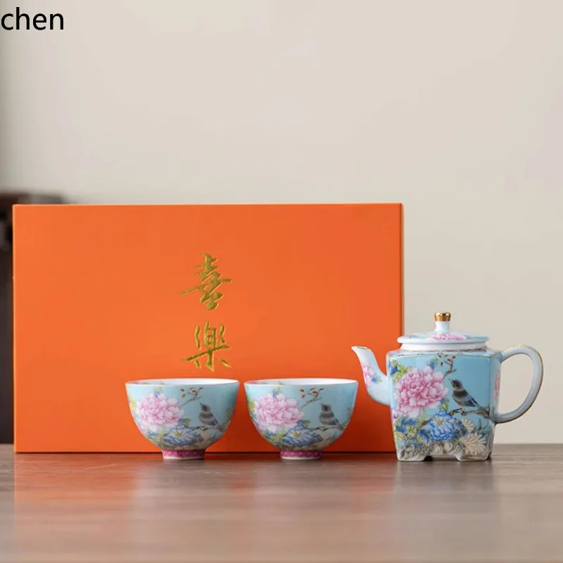 H1 enamel color birds and flowers one pot two cups kung fu tea set ceramic gift square teapot tea cup gift box suit