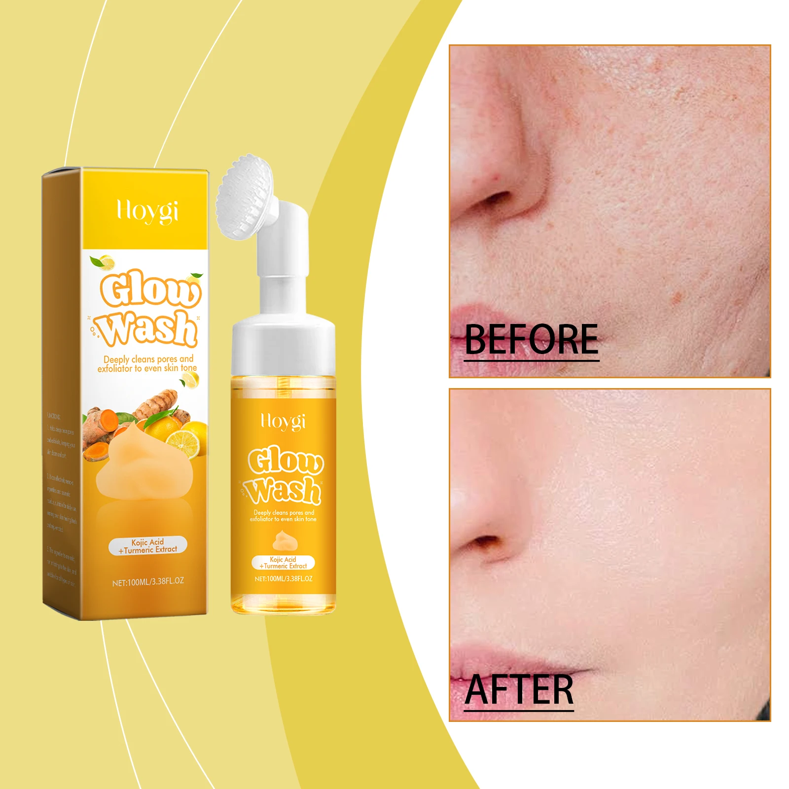 Glow Wash - Nettoyage pour le visage exfoliant et nettoyant en profondeur des pores avec acide kojique et extrait de curcuma (100 ml/3,38 fl.oz)