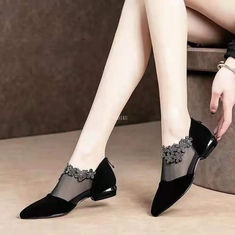 2022 Spring Summer Fashion Rhinestones Gauze Sandals Thick Heels Mesh Autumn Ankle Boots Female Hollow Women\'s Shoes black boots