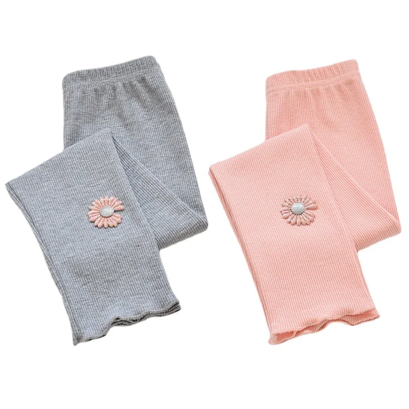 

Girls Fashionable Leggings New Children's Thin Long Pants Toddler Baby Wearable Knitted Slim Long Pants with Embroidered Flowers
