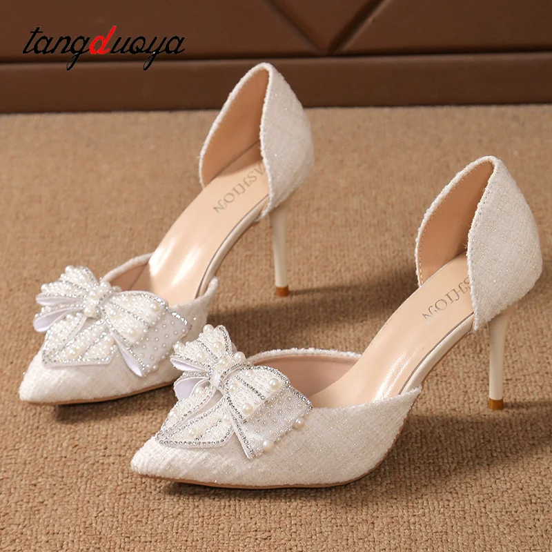 Luxury Women\'s Shoes Bow High Heels Stiletto Heels Wedding Shoes Pointed Head Side Empty Thin Shoes  Elegant Woman Single Shoes