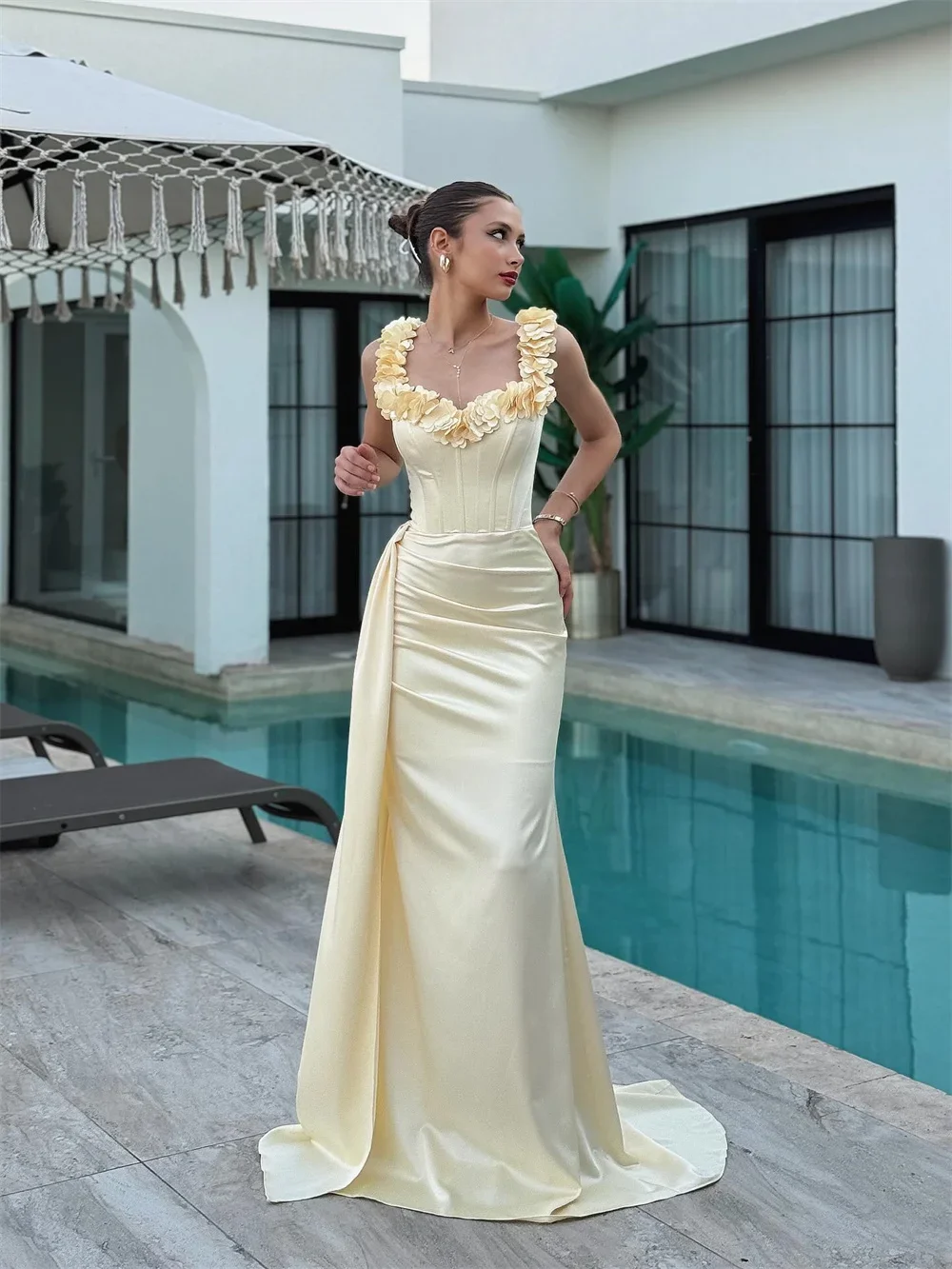 

Customized Yellow Off Shoulder Flowers Formal Evening Dresses Mermaid Sleeveless vestidos de noiva Corset Lace-Up Prom Gowns