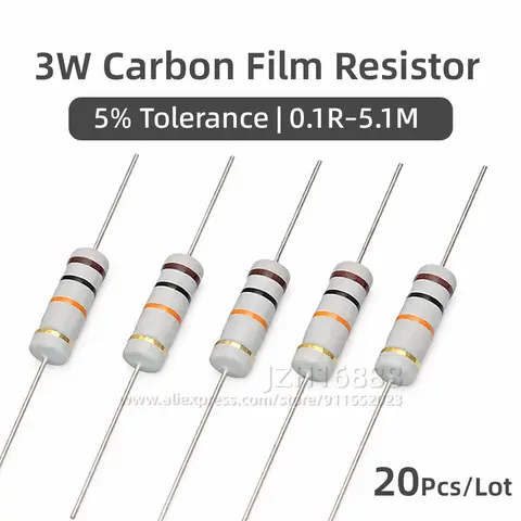20pcs 3W 5% Metal Oxide Carbon Film Resistor 10 22 33 47 51 62 75 82 91 100 220 470 1K 10K 100K 2.2 4.7 22 47 100 220 470 R ohm