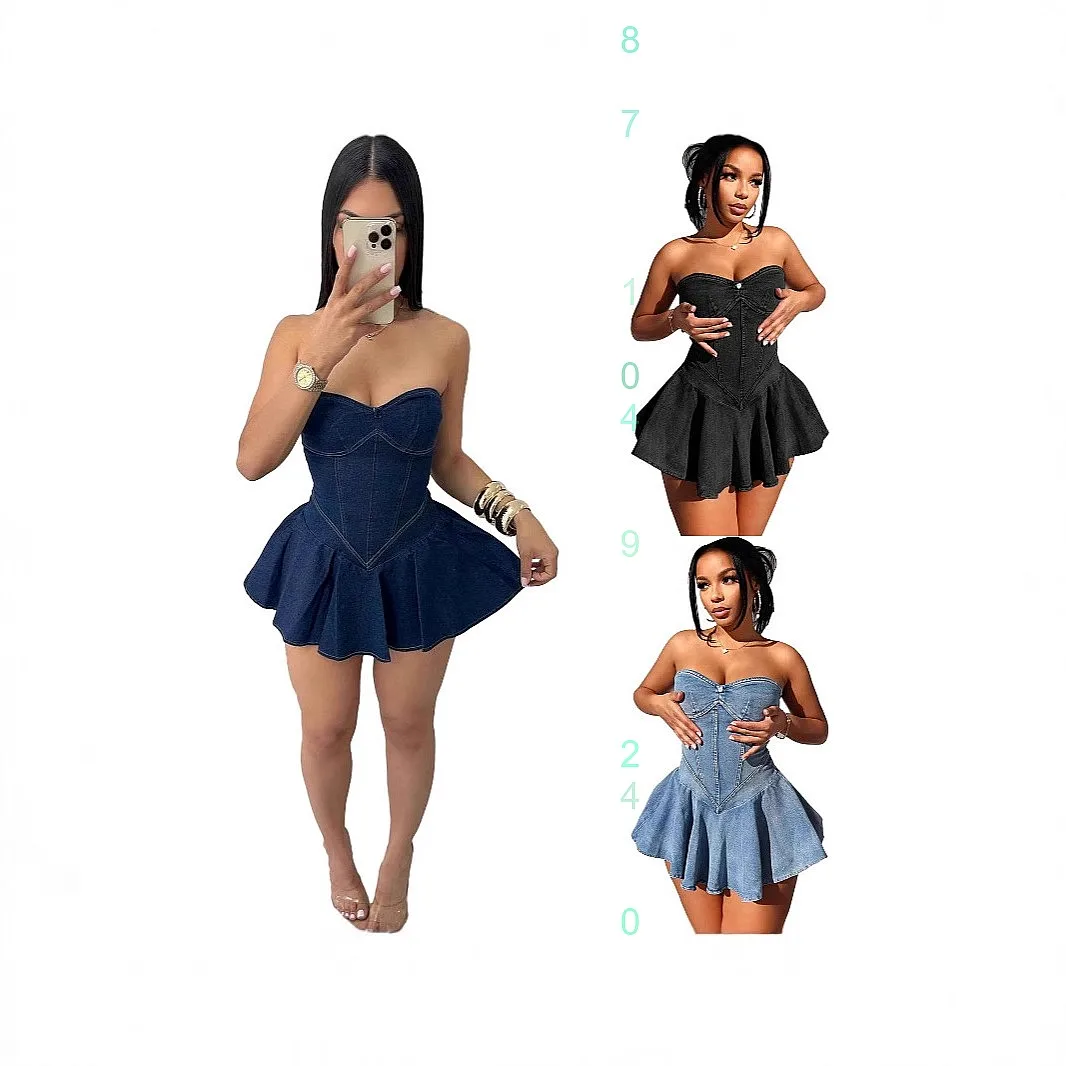 

Denim Tube Top Mini Dress Sexy Cowgirl A-Line Dresses Jumpsuit Overall Playsuit Spring Summer