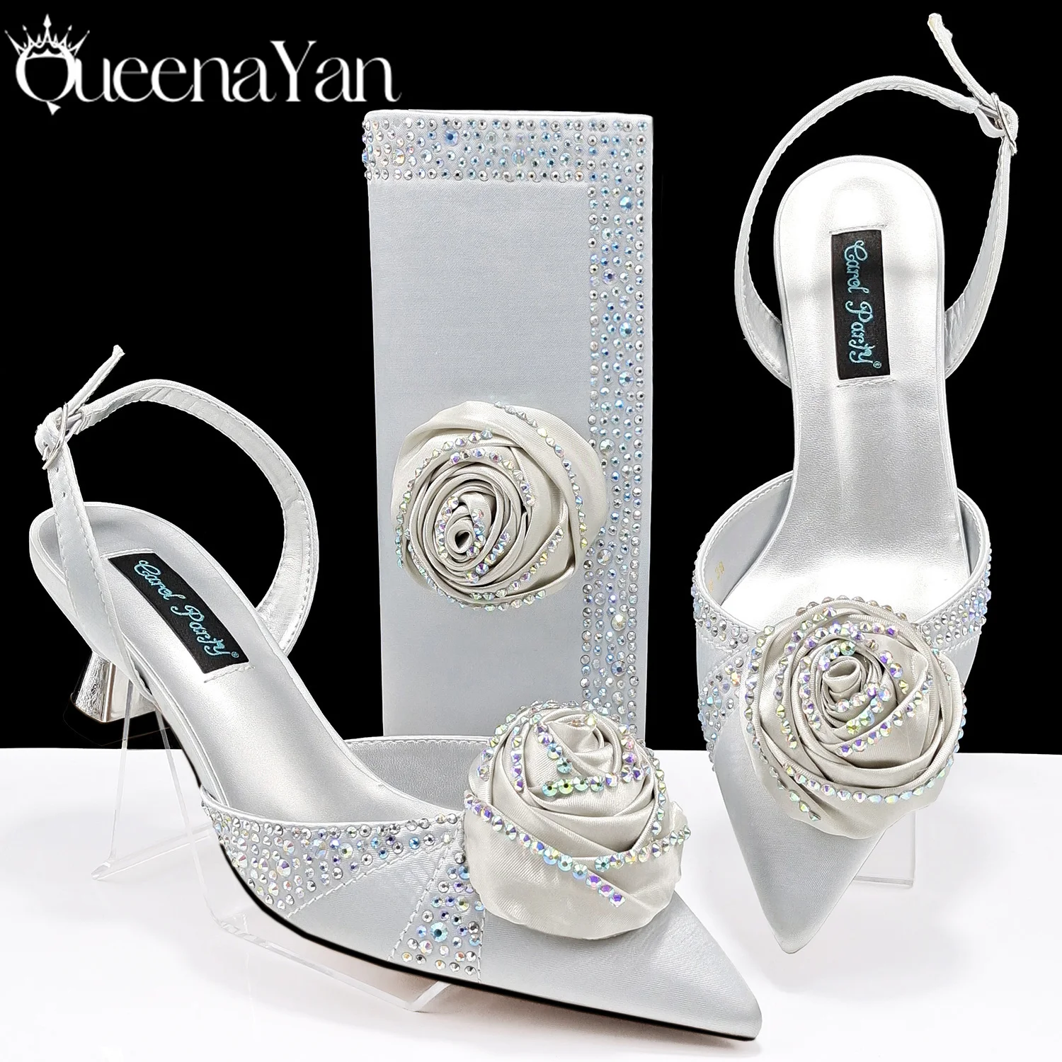 Elegant Silver Color Handmade Flowers Decoration Design Party Wedding High Heel Lady Shoes and Bag Set and a pair of shoes