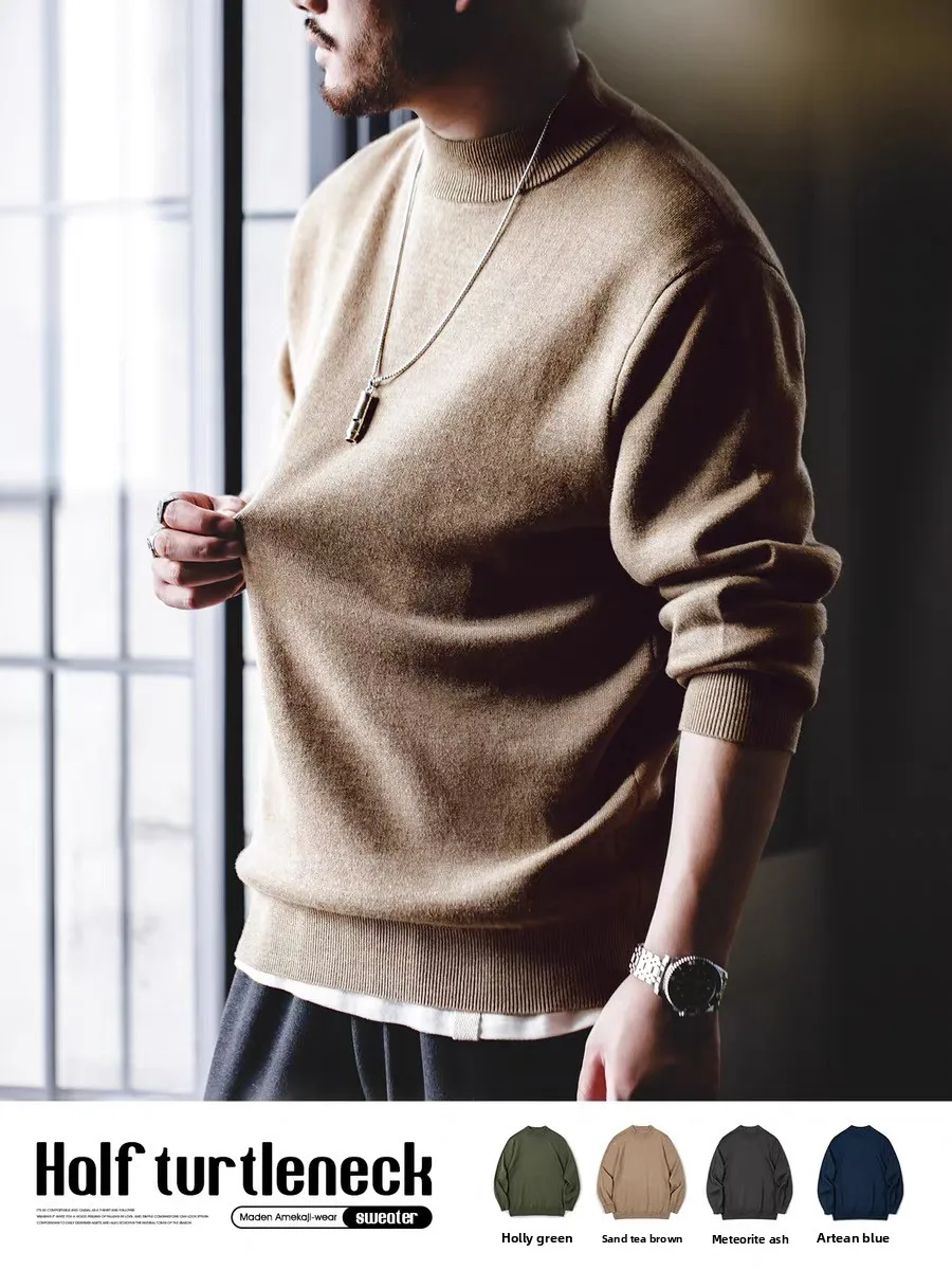 

Maden Men's Long Sleeve Crew Neck Knitwear Casual Basic Color Half High Collar Warm Pullover American Style Autumn Fashion