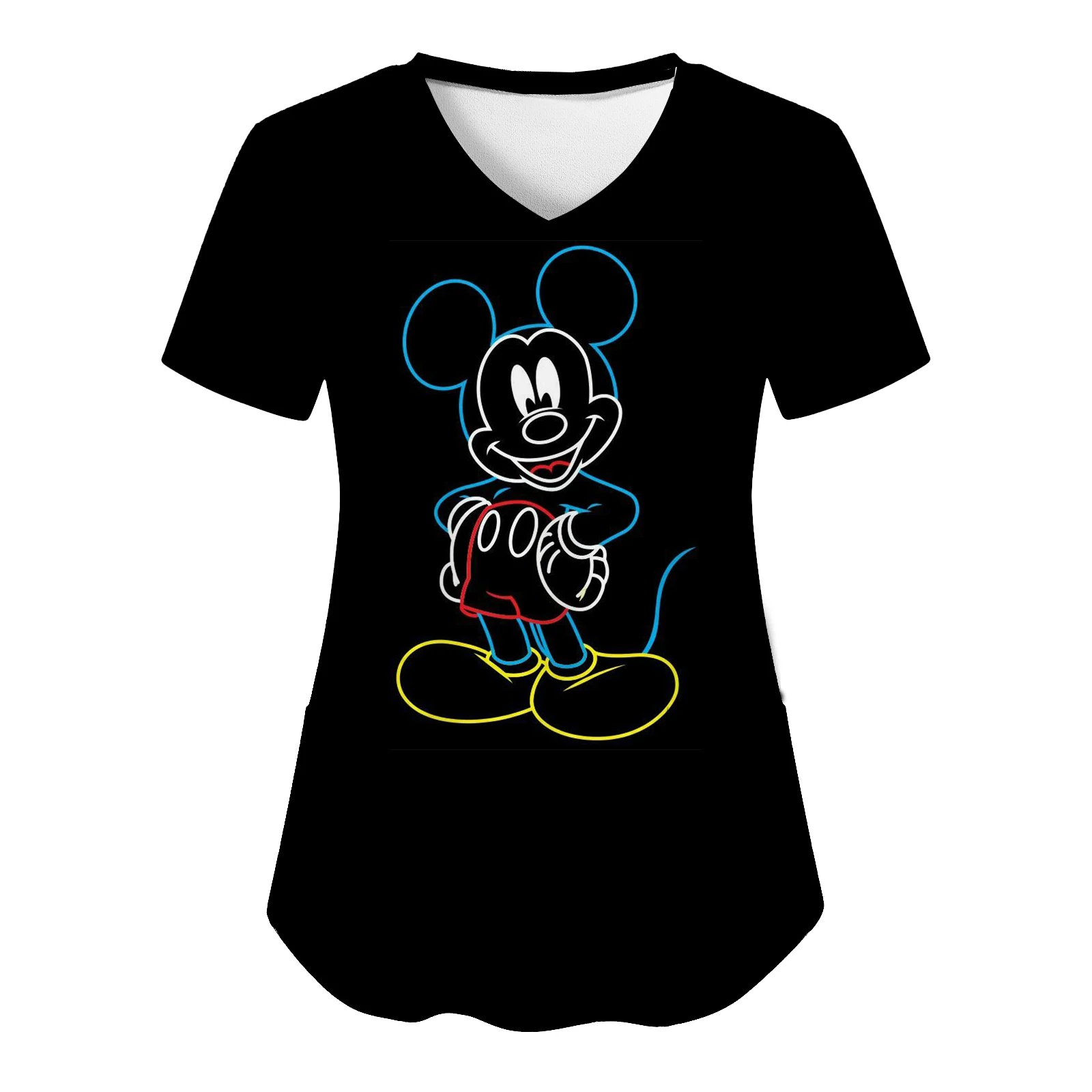 Pocket T Shirt Nurse Uniform Top Women 2024 Mickey T-shirt Hospital T-shirts Disney Minnie Mouse Woman Clothes V Neck Tops Tees