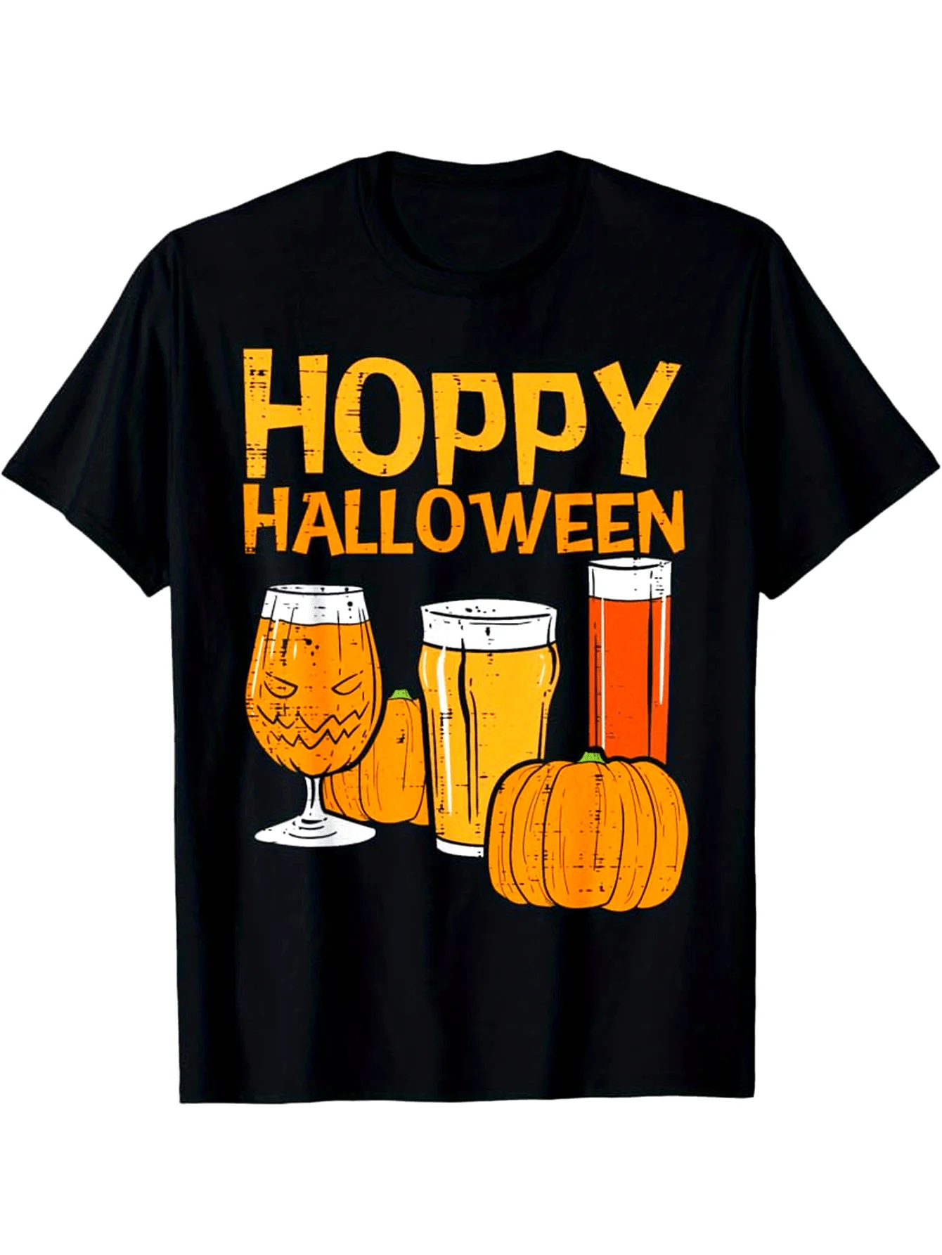 Men's Funny Hoppy Halloween Beer T-Shirt - Black with Orange Print & Beer Mug & Hop Design