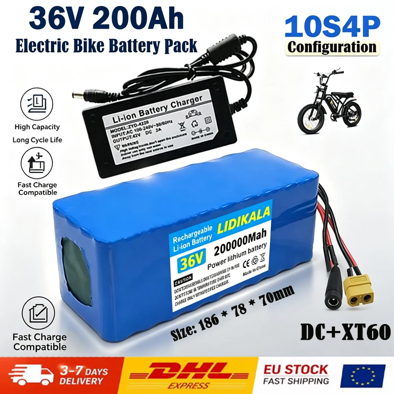 200Ah Hochleistungs-Akku 36V 10S4P 18650 Lithium-Akku für Elektroroller, täglicher Pendelgebrauch, XT60/T+DC-Stecker