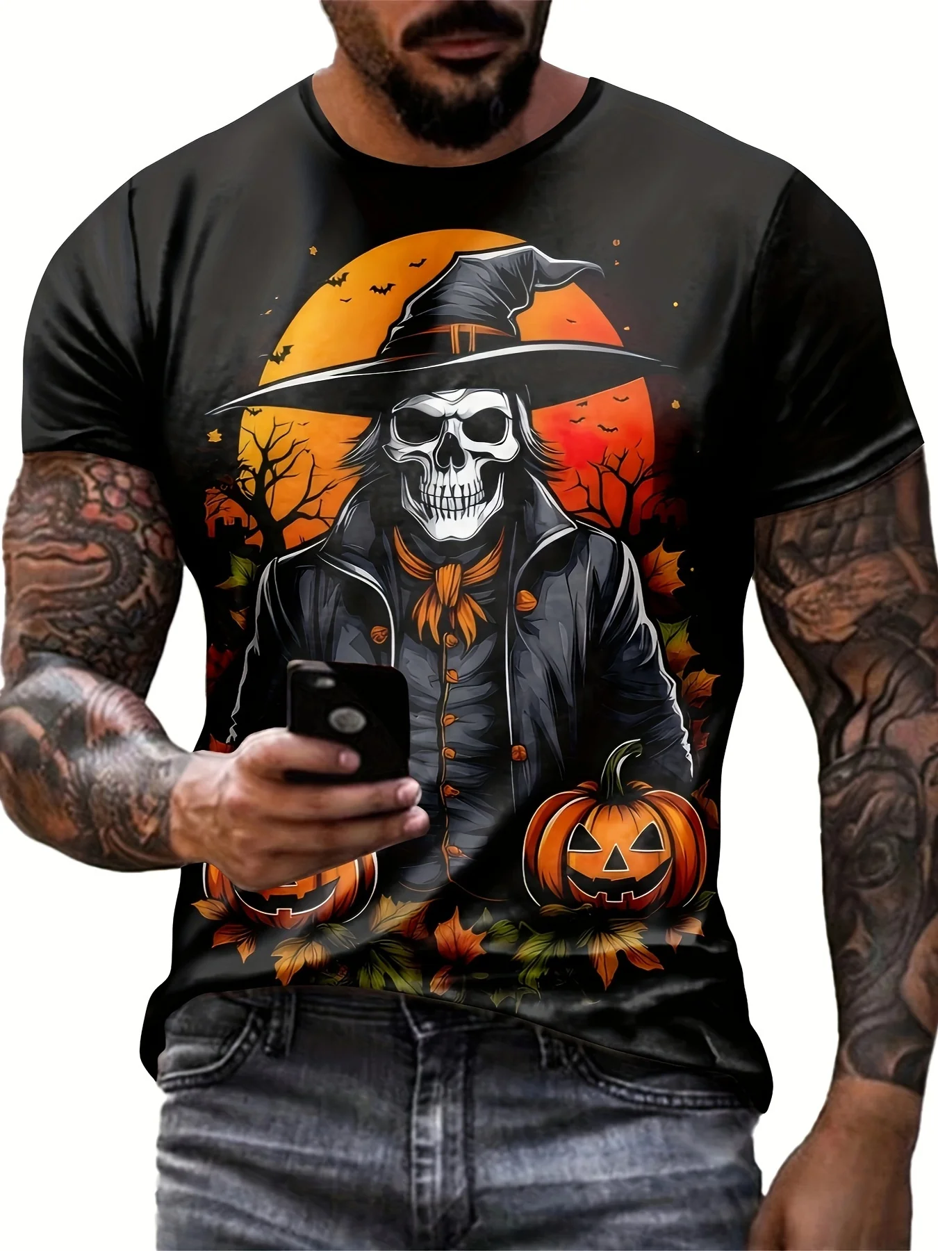 T-Shirt à Manches Courtes et Col Rond pour Homme, Estival, avec Impression Graphique 3D, pour Halloween, Nouveauté