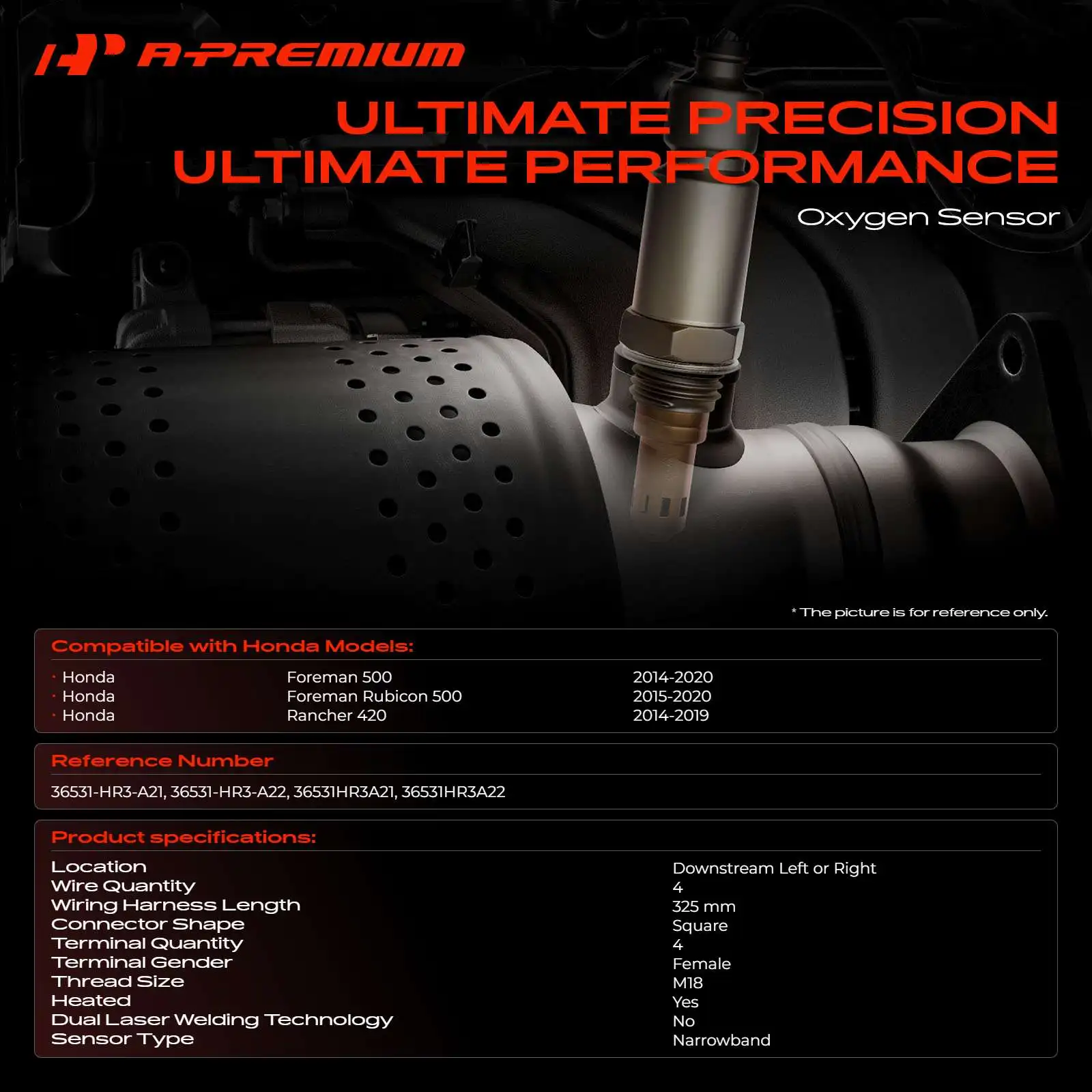 A-Premium Downstream O2 Oxygen Sensor for Honda Foreman 500 2014-2020 Rancher 420 2014-2019 Foreman Rubicon 500 2015-2020