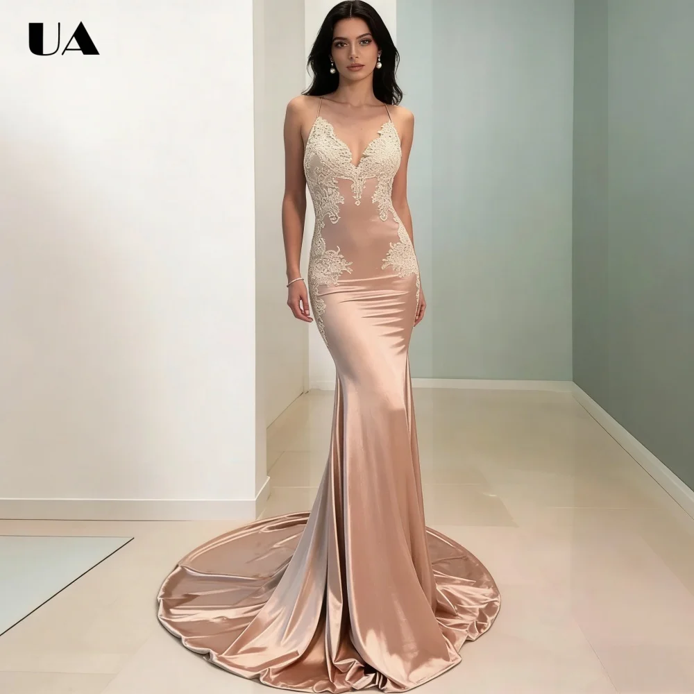 ULBYANRY Customized Satin Mermaid Prom Dress with Lace Appliques, Elegant V-neck Evening Dress, Classic Floor-length Party Dress