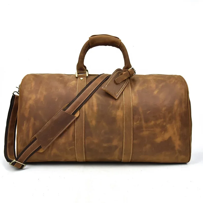 

Vintage Crazy Horse Leather Duffle Bags Men Large capacity 23 inch Genuine Leather Travel Bags Weekender Luggage Overnight Bags