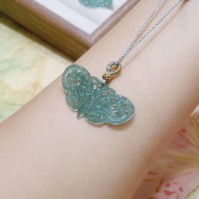 

Natural Blue Water Jadeite Hollow Butterfly Pendant Versatile Women's Model