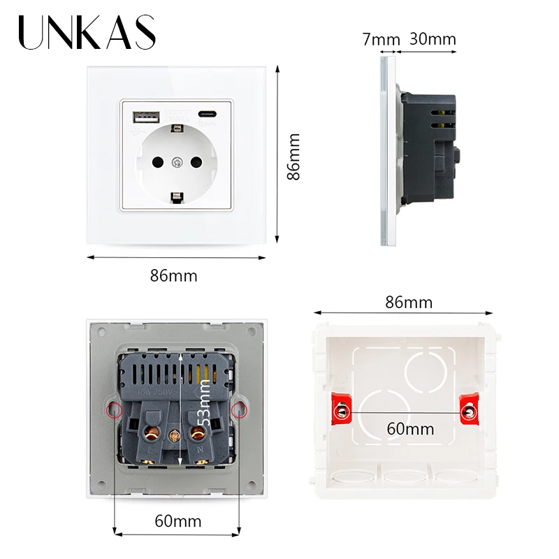 UNKAS EU/hiszpania/rosja Panel ze szkła hartowanego szary ścienne gniazdo zasilające uziemiony z podwójnym szybka ładowarka USB typu C