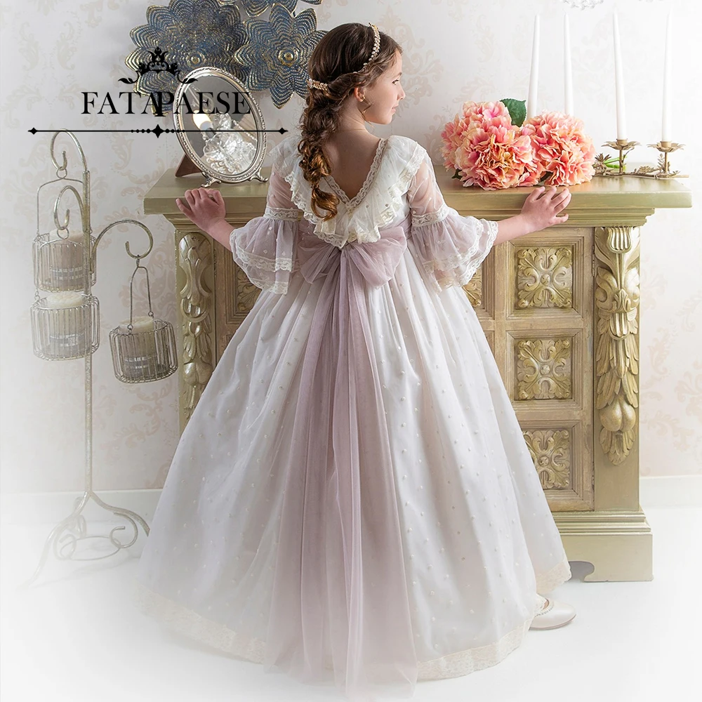 

FATAPAESE Vestido de Comunión Dress Half Sheer-Lace Sleeve Mutil Layered Floral Embroidery MiniBride Ceremony Dresse Girl