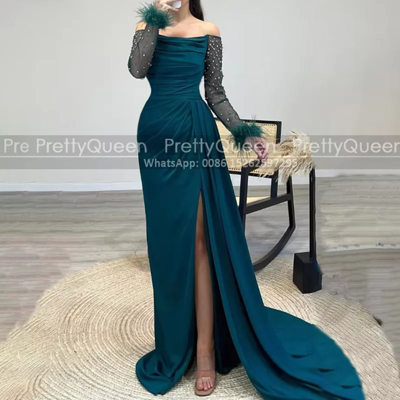 Customized Off Shoulder Prom Dresses With Beaded Feather Sheer Long Sleeves Mermaid Side Slit Waistline Cape Sheath Party Dress