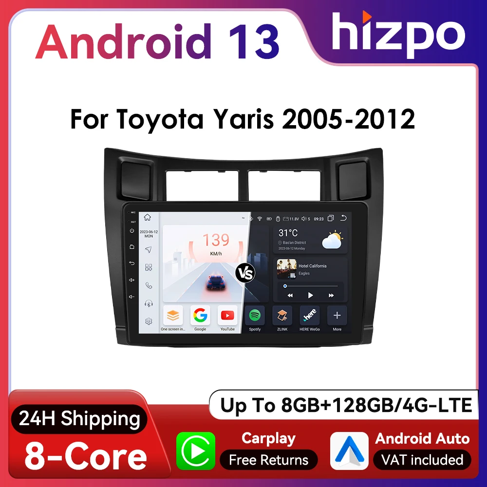 Hizpo 2Din 9inch CarPlay Android Auto Car Radio for Toyota Yaris 2005 - 2012 Navigation GPS RDS DSP BT 4G SWC UI7862 Headunit