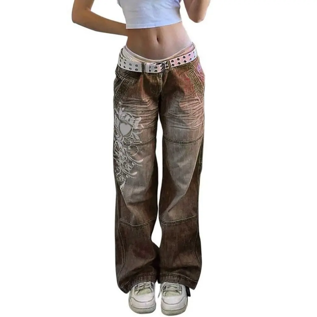 Hipster-bedruckte Jeans für Damen, Distressed Mid-Waist, gerade Hose, Herbst-Streetwear, europäischer und amerikanischer Stil