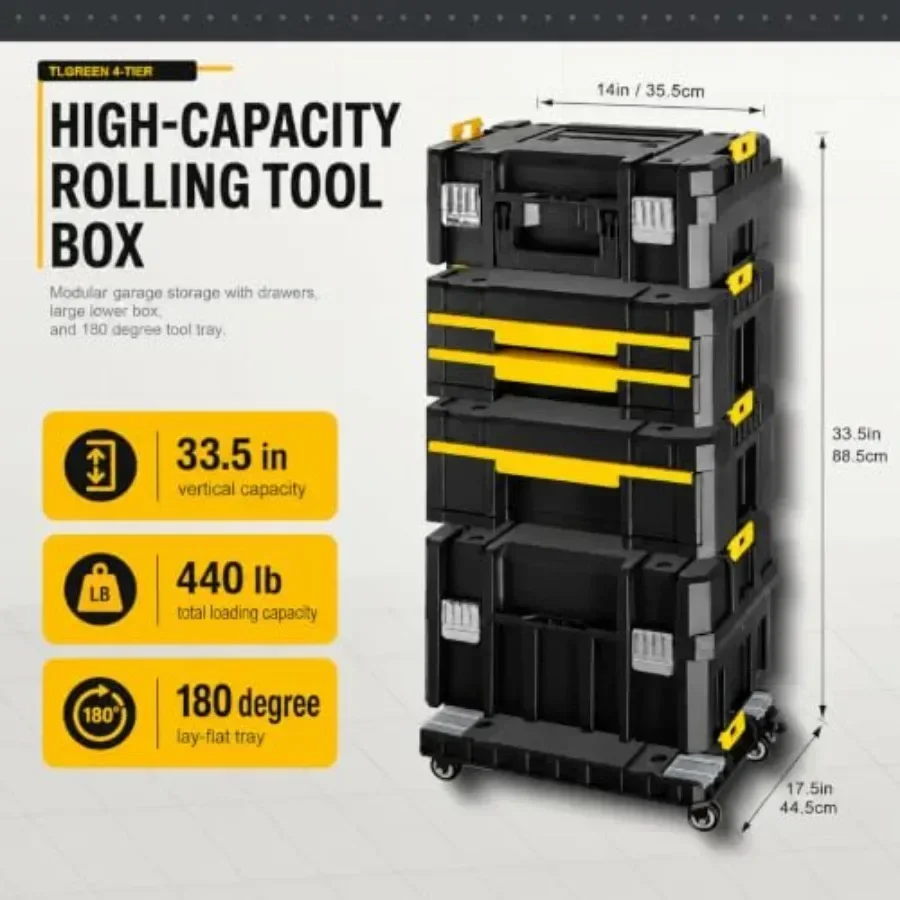 4-Tier Stackable Rolling Tool Box with Cantilever Tray for Workshop Use, Steel Construction, Black Finish, Heavy-duty Casters A